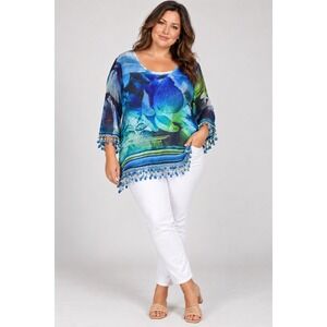 Avenue Sheer Floral Beaded Tunic Blouse Women 14/16 Blue Green Rhinestone Top